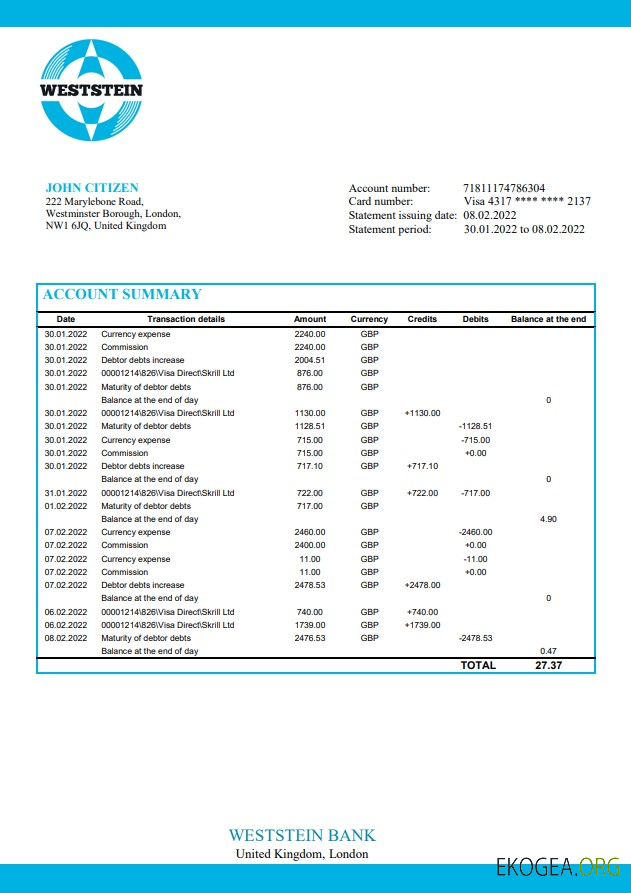 Royaume Uni Weststein Bank Mot